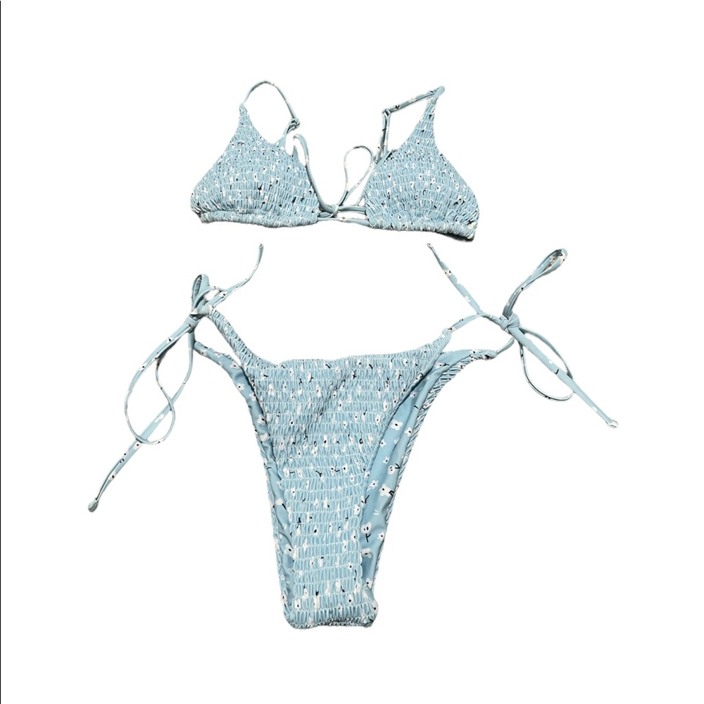 Suuksess smocked blue ditsy floral string bikini set